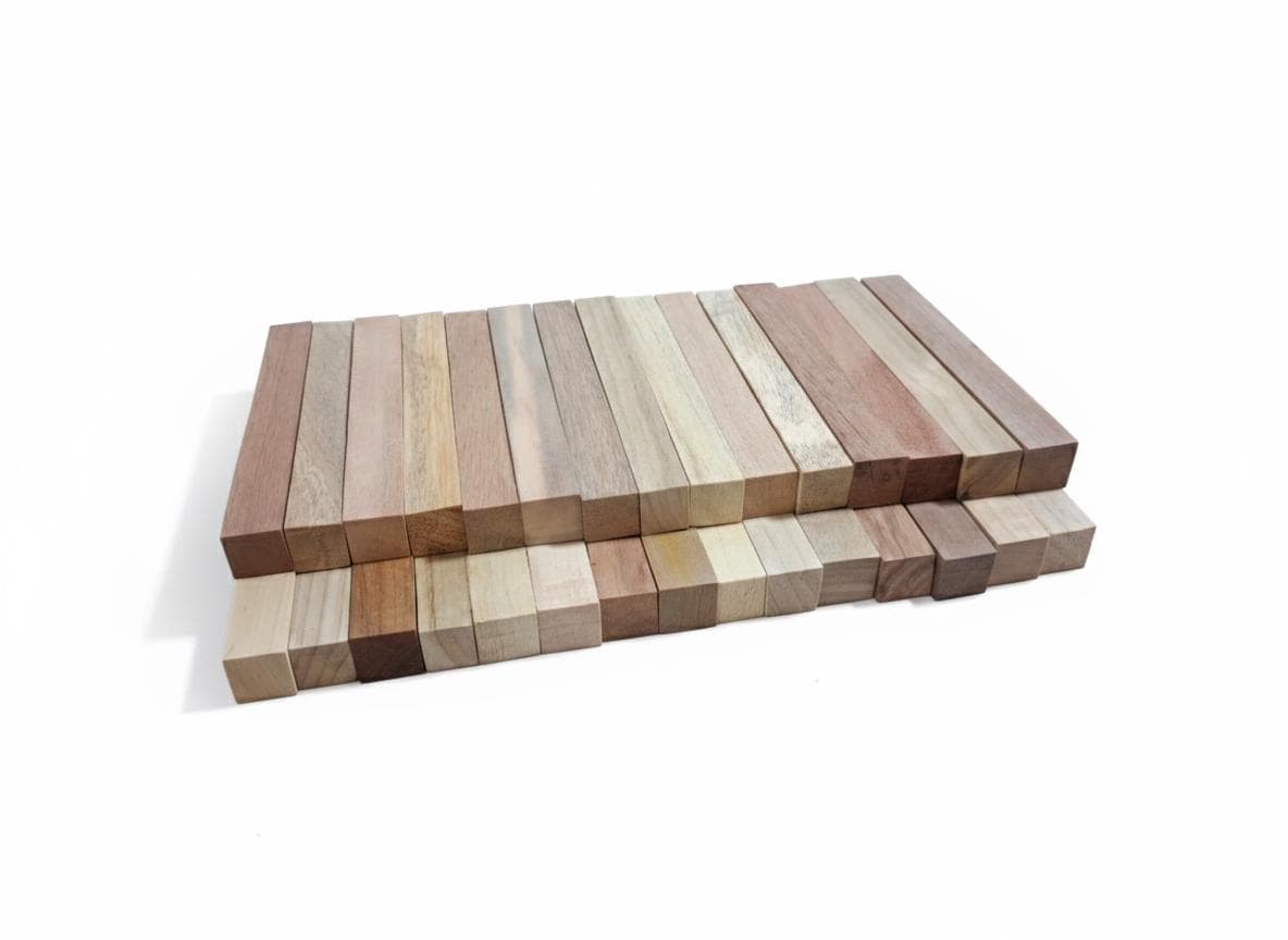 Assorted exotic hardwood pen blanks showing varied color and grain