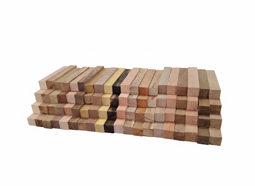 Assorted exotic hardwood pen blanks showing mixed colors and grain patterns