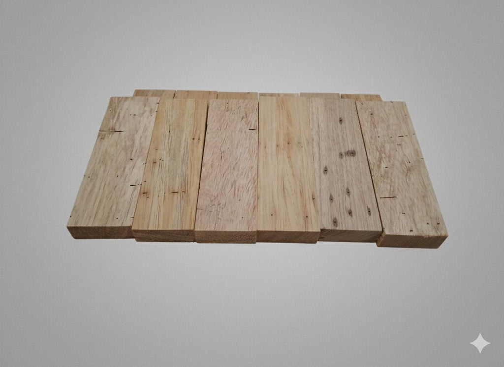 Six exotic hardwood blanks with pink, golden and reddish-brown tones