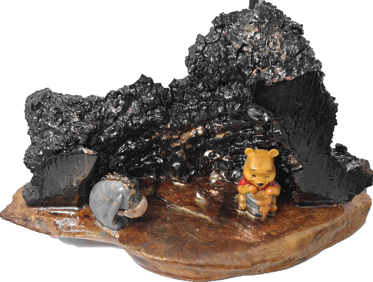 Winnie the Pooh and Eeyore wood and epoxy woodland sculpture