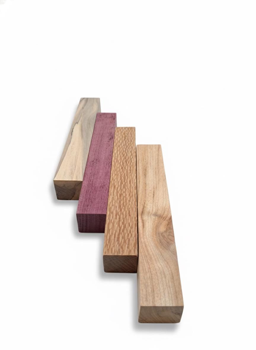 Purpleheart, Lacewood, Eucalyptus and Spalted Cherry blanks for pen turning
