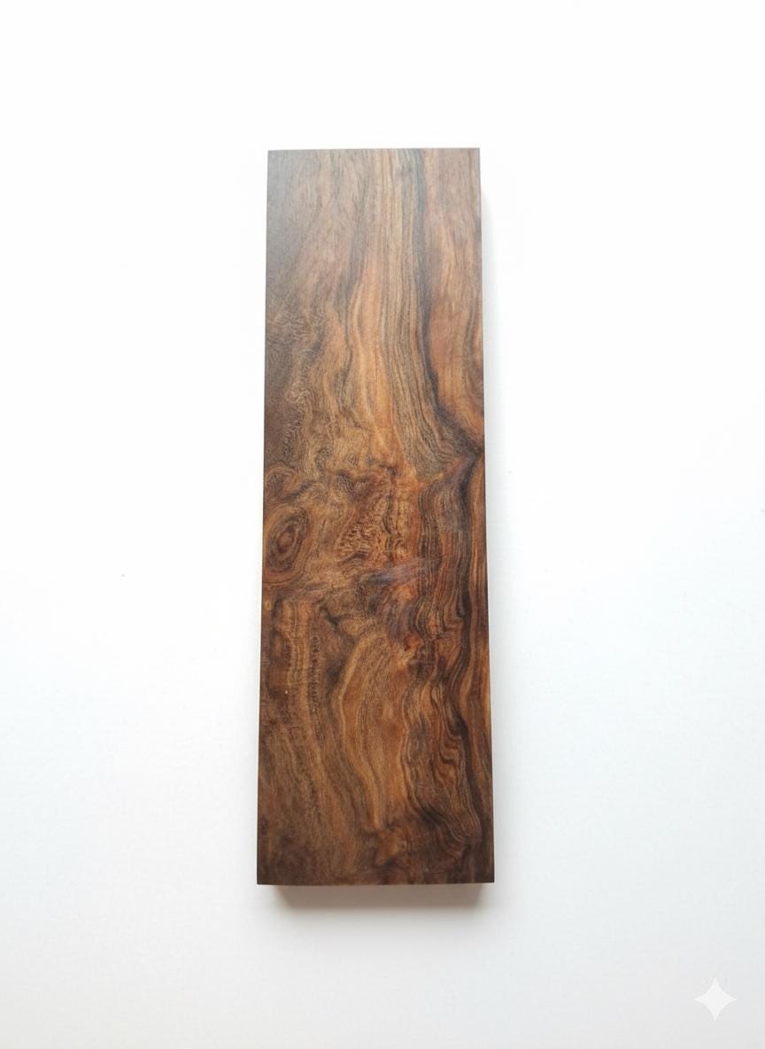 Exotic figured burl block, 8 × 2.375 × 0.875 in, 268 g