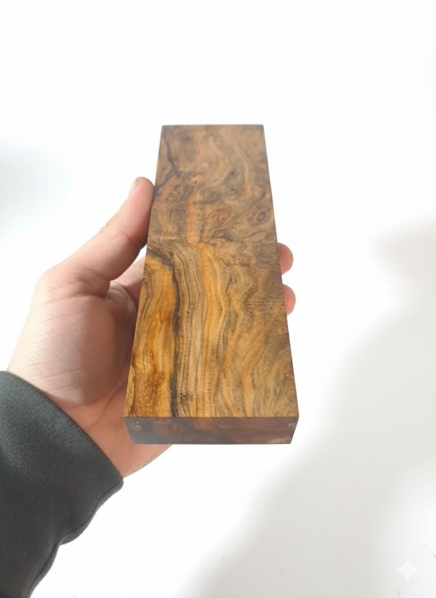 Exotic burl wood block, exact 8 in piece with swirling figured grain
