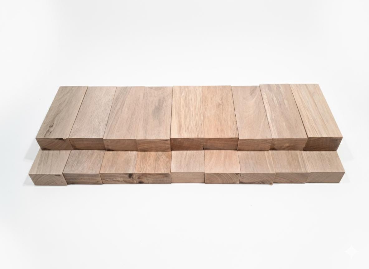 Two lightly spalted exotic hardwood blanks with beige and rosy tones
