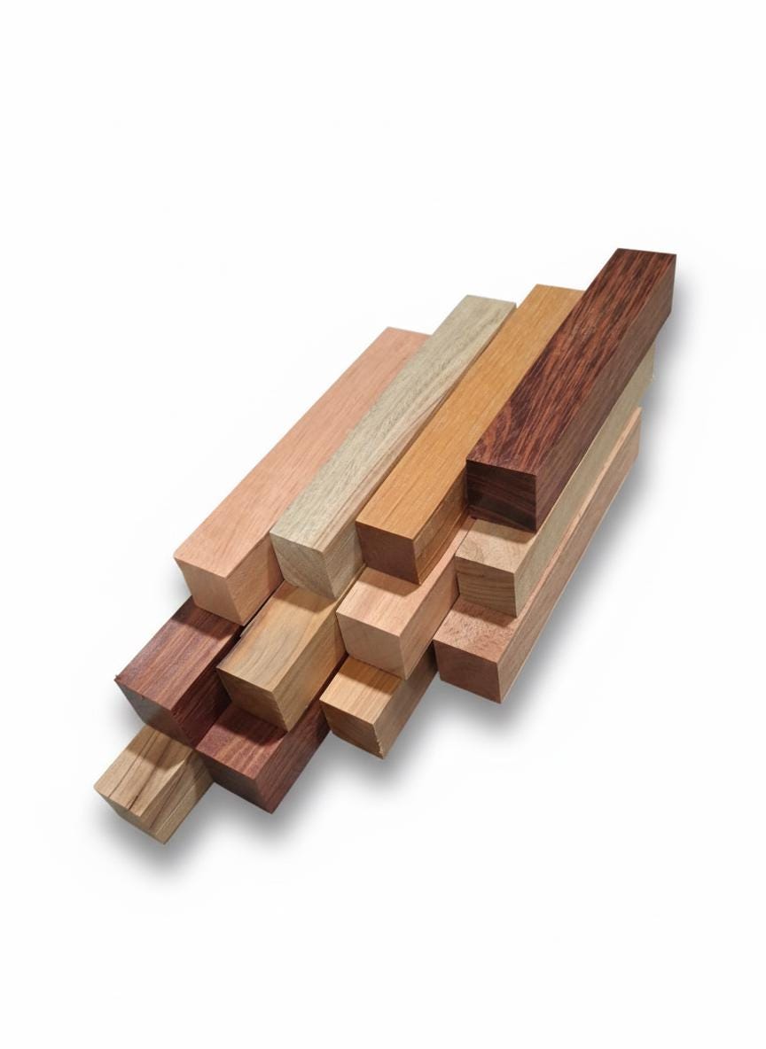 Assorted exotic hardwood blanks with mixed natural colors