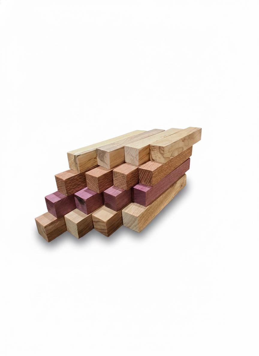 Exotic wood pen blank variety pack with Purpleheart, Lacewood, Eucalyptus and Spalted Cherry