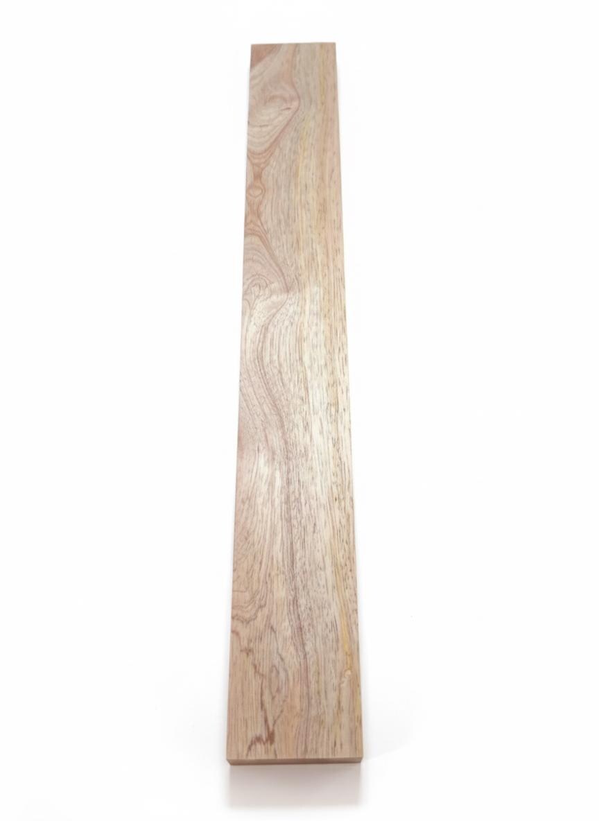Long exotic wood blank with feathered pink-brown grain and natural knot