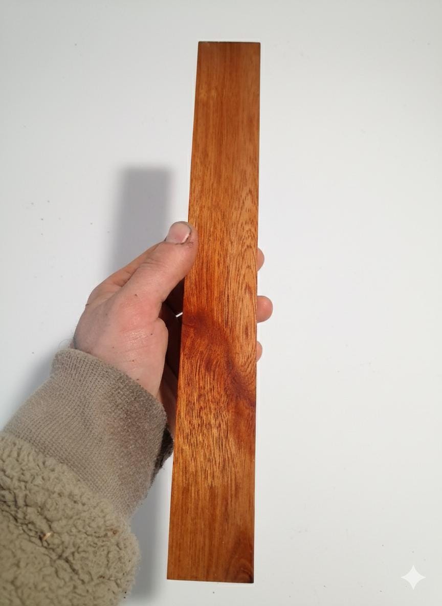 Dense deep red exotic wood turning blank, 12 in, reddish-brown grain
