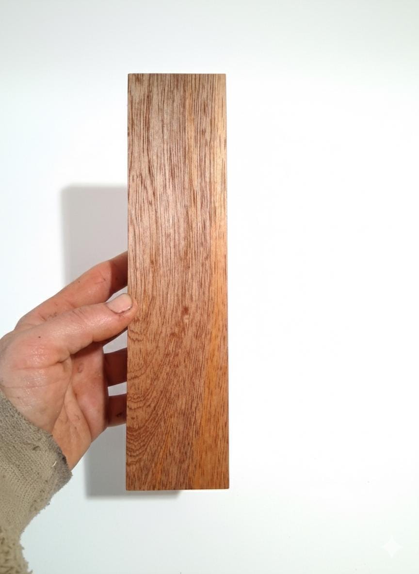 Acacia blank with warm brown tones, natural grain and small knot