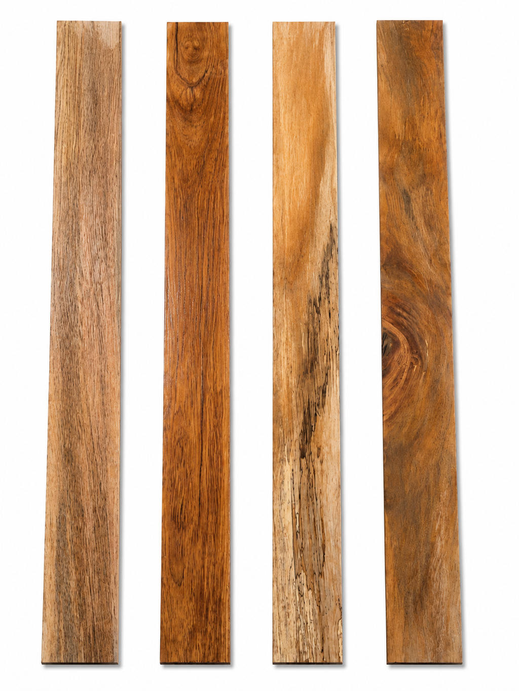 Lot #41, four long exotic hardwood boards with strong character and contrast