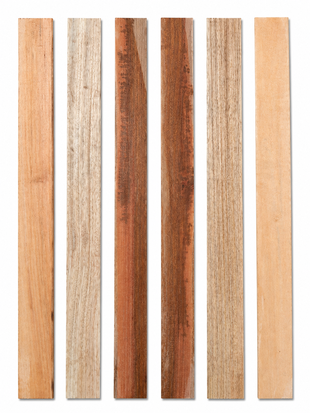 Lot #52, six mixed exotic hardwood boards with contrast and warm tones