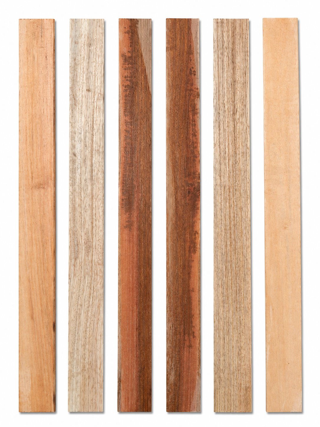Lot #52, six mixed exotic hardwood boards with contrast and warm tones