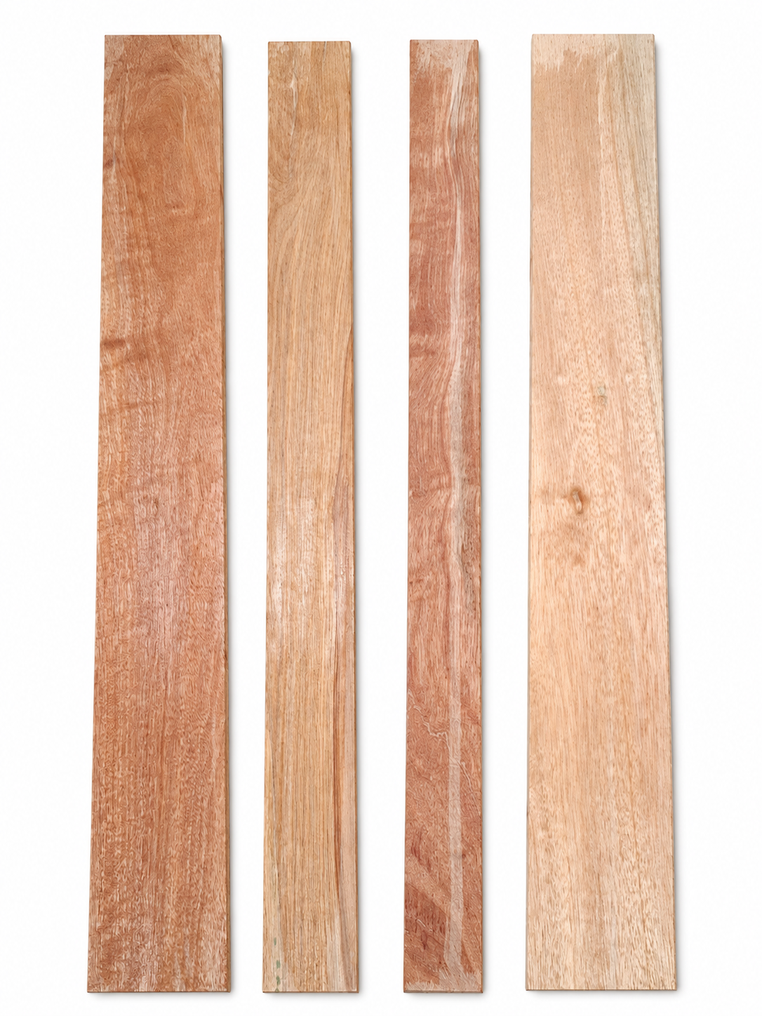Lot #24, four figured exotic hardwood long boards with honey and reddish tones