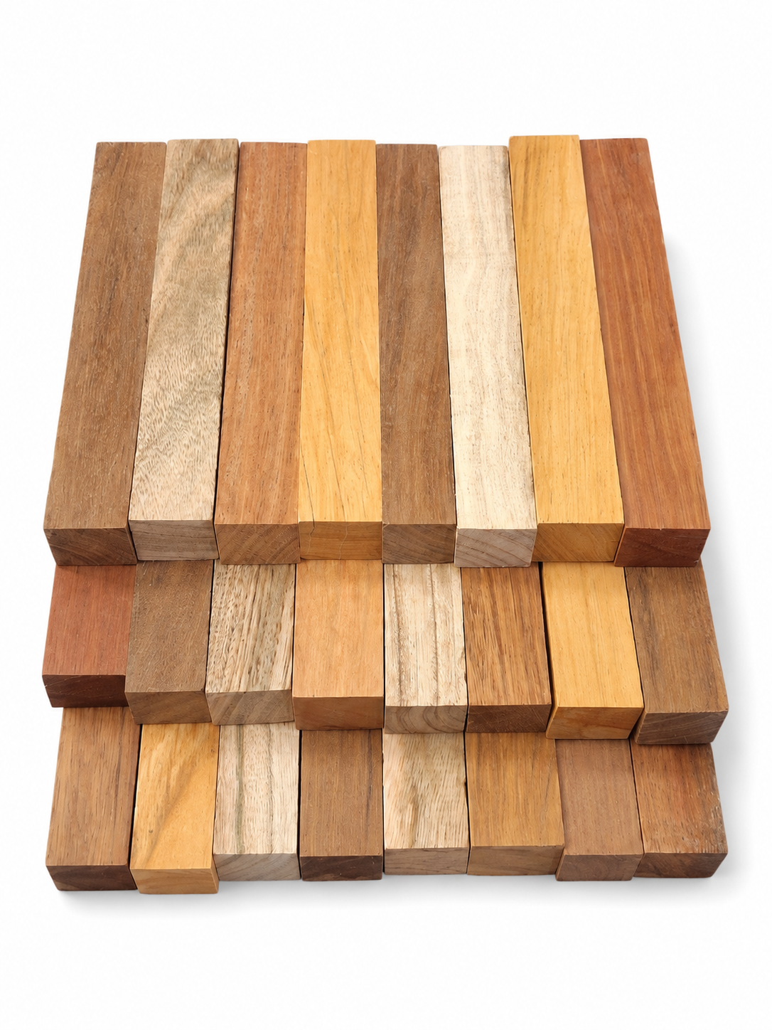 Mixed exotic hardwood pen blanks showing varied natural grain