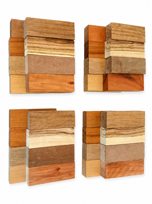 Assorted exotic wood blocks with varied natural color and grain