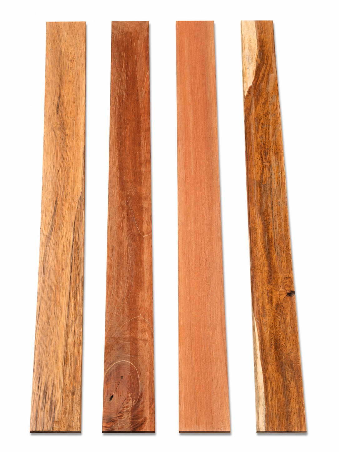 Lot #3, four premium exotic hardwood long boards, varied grain and color