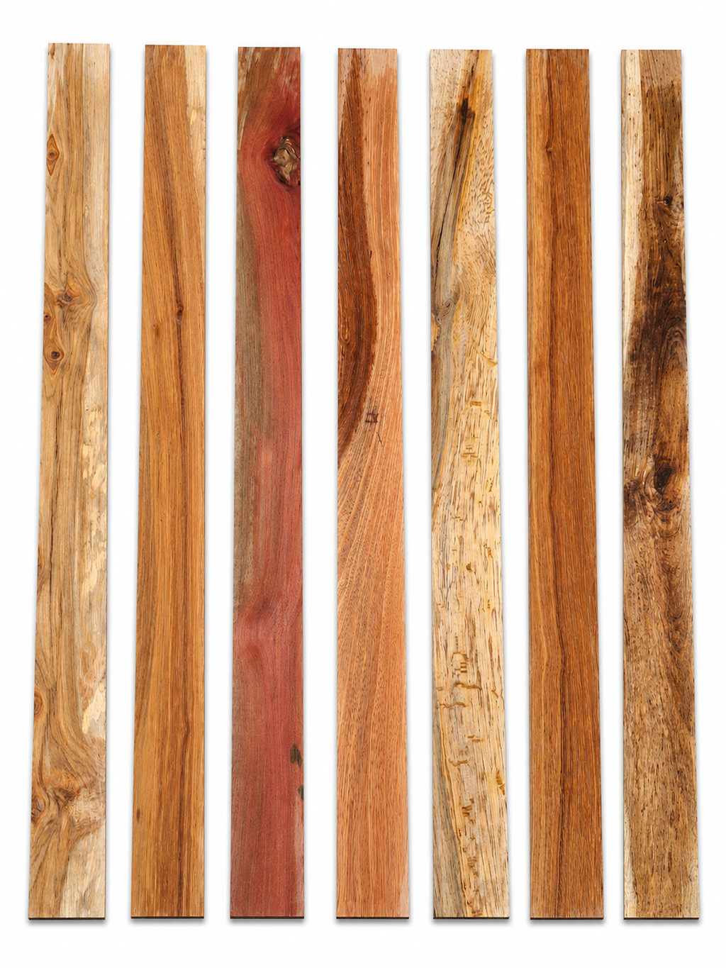 Lot #6, seven figured exotic hardwood boards with varied colors and grain