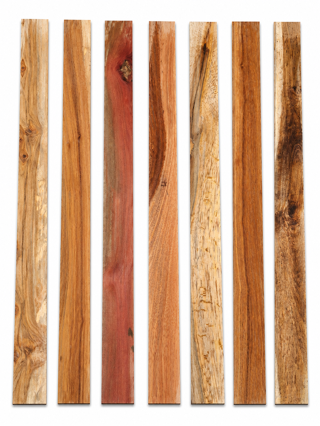 Lot #6, seven figured exotic hardwood boards with varied colors and grain