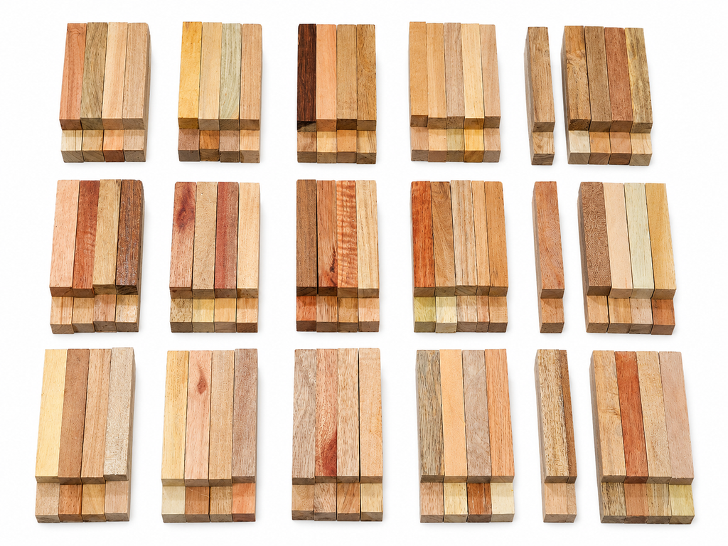 Curated exotic pen blanks with figure, shimmer and warm colors