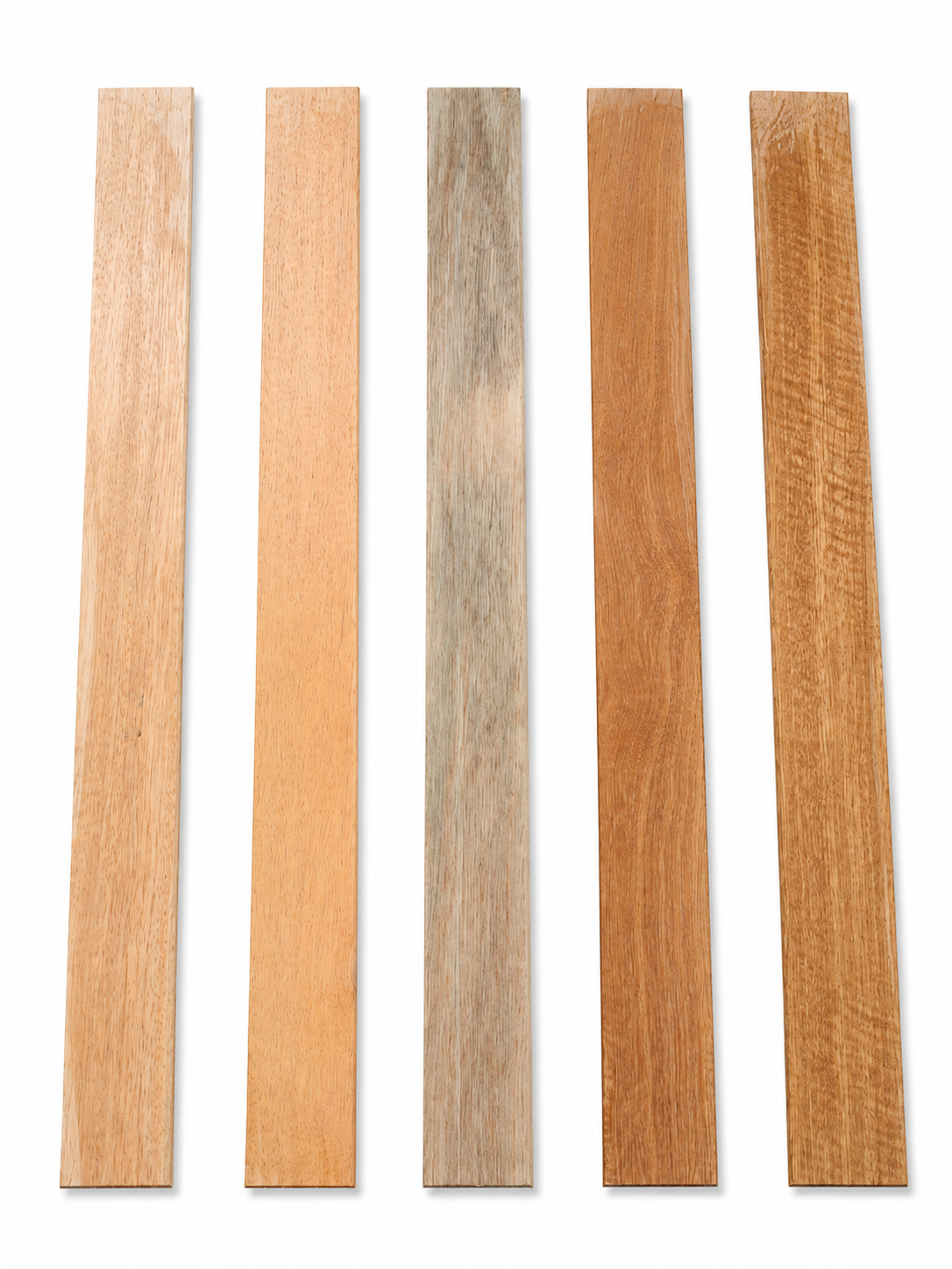 Lot #36, five long exotic hardwood boards with varied figured grain