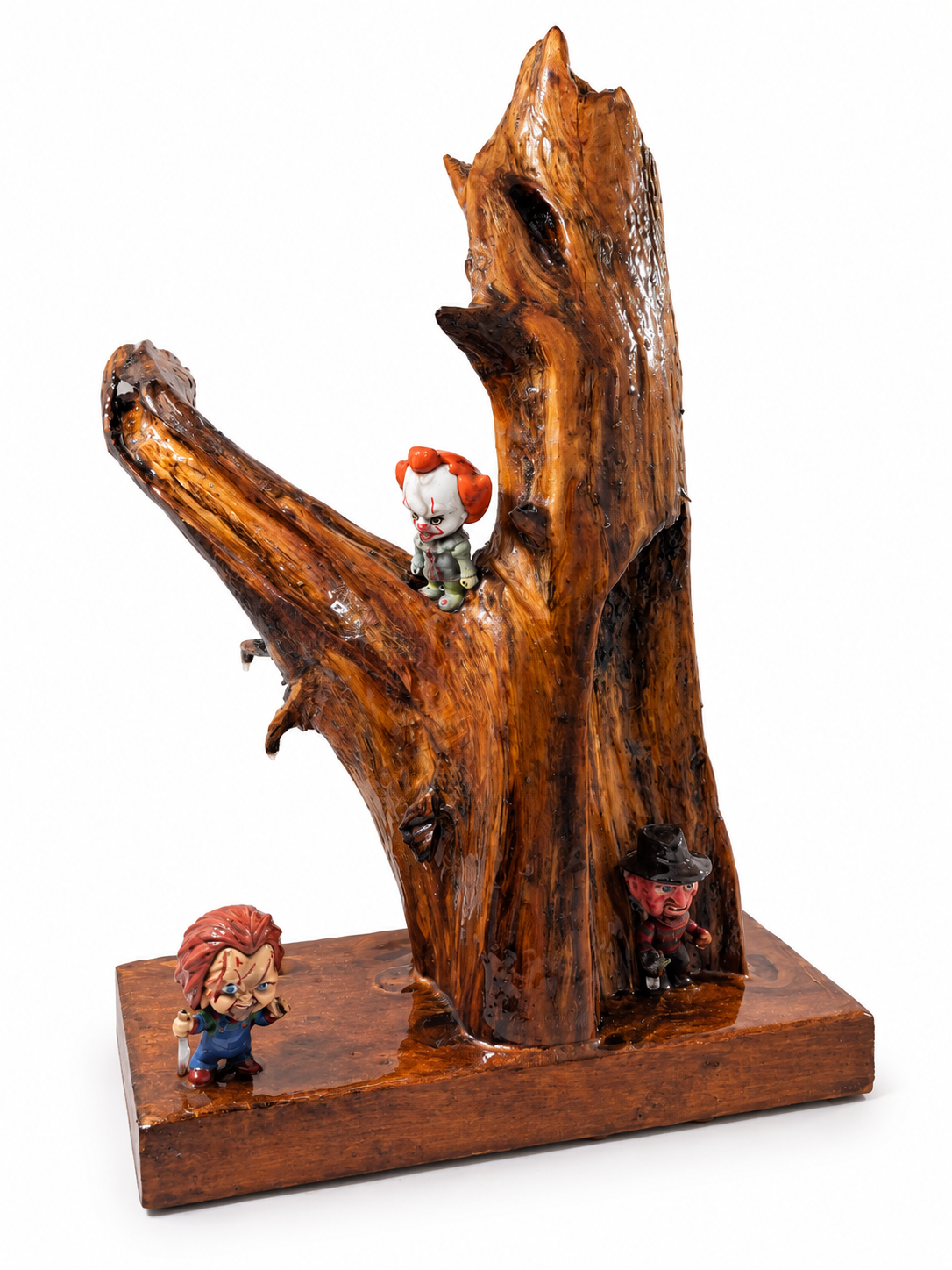 Horror wood and epoxy sculpture with Chucky, Freddy Krueger and Pennywise