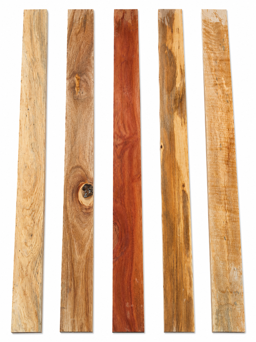 Lot #33, five long figured hardwood boards with cream and honey tones